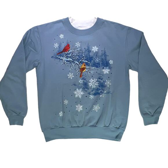 Blue Winter Pullover Sweatshirt Snow Scene Red & Yellow Cardinals Snowflakes - Picture 1 of 12